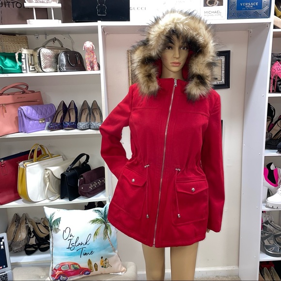 Jessica Simpson Red Faux-Fur-Trim Hooded Pockets Zip Up Jacket Size L